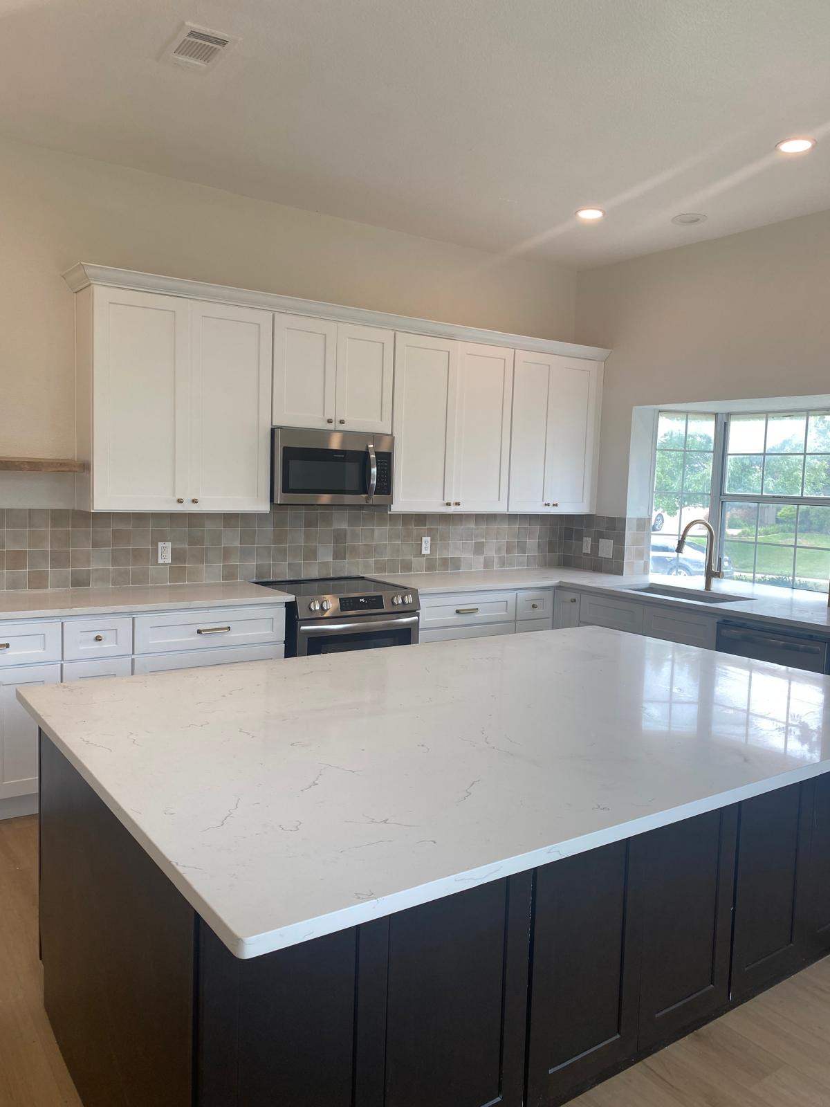 Kitchen island with quartz countertop